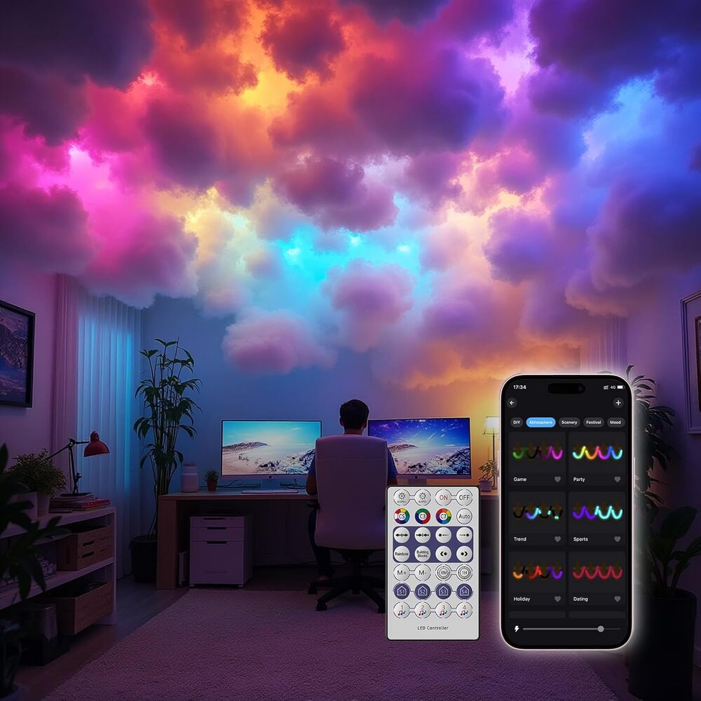 USB Thundercloud LED Light, Music Sync 3D Cotton, APP, Remote (RGB+IC, 32.8ft)